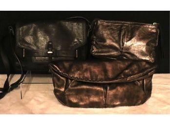 Eclectic Vintage Black Stamped Handbag & 2 Metallic Leather Clutches By Vince Camuto & 49 Square Miles