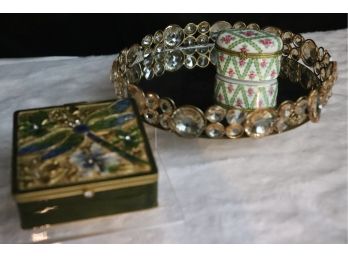 Jay Strongwater Style Embellished Compact Trinket Box & Decorative Mirrored Tray & Limoges Box