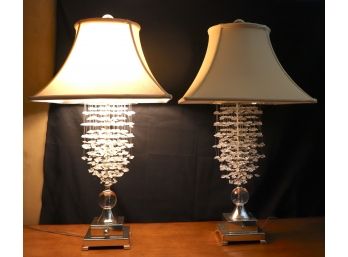Pair Of Unique Silver Finish Table Lamps With Hanging Crystal Strands