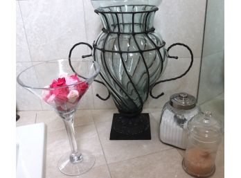 Lot Of Eclectic Bath Glass Decorative Accessories  Martini Glass, Vase Urn And Apothecary Jars
