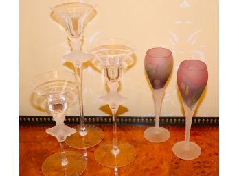 3 Tiered Crystal Candlesticks With Frosted Love Doves And Pair Of Hand Painted Rueven Wine Glasses