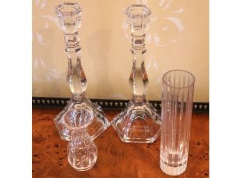Quality Pair Of Tiffany & Co Crystal Candlesticks, Baccarat Crystal Bud Vase & Waterford Style Bud Vase