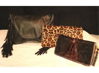 Black Leather Envelope Clutch With Fringe By Tylie Malibu & 2 Edgy Animalier Style Evening Clutches