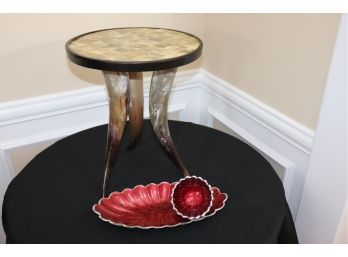 Eclectic Lot Of Inlay Horn Mosaic Table With Horn Legs And Metal & Pomegranate Enamel Platter & Bowl
