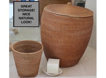Lot Of Rattan Bathroom Accessories With Ceramic Dish & Monogrammed Scented Candle