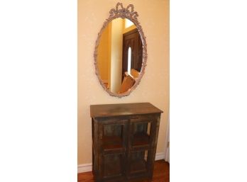 Gilded Oval Wall Mirror With Ribbon Bow Crest & Rustic Hand Painted Distressed Display Cabinet
