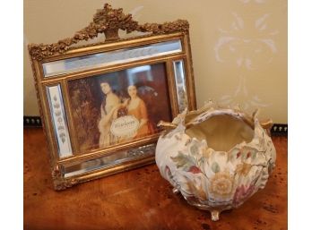 Antique Rudolstadt Hand Painted Porcelain Cabbage Vase Circa 1904 & Ornate Mirrored Picture Frame