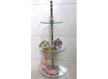 3 Tiered Glass & Silver Finish Display Stand With 6 Decorative Antique Style Perfume Bottles
