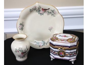 Vintage Decorative Porcelain Casket Box & Lenox Porcelain Serenade Vase & Platter, Made In USA