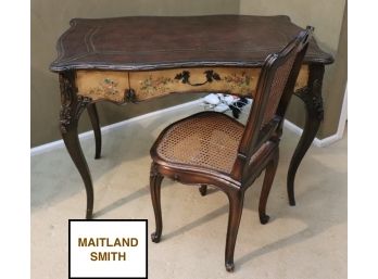 Vintage Maitland-Smith Louis XVI Style Leather Topped Hand Painted Writing Desk With Matching Caned Chair