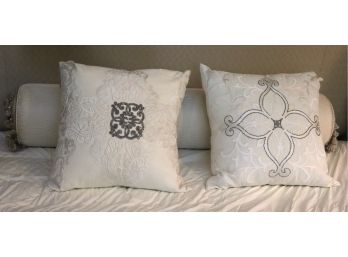 Pair Of Off White Embellished Decorative Throw Pillows & Custom Oversized Moir Fabric Bolster Pillow