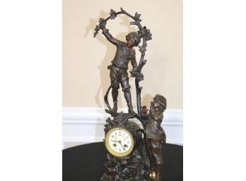 French Ornate Bronze Finish Sculpture With Pendulum Clock & Heavy Brass Base