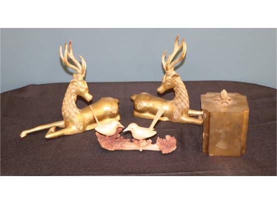 Pair Of Brass Animals, Brass Trinket Box And Hand Carved Birds On Branch