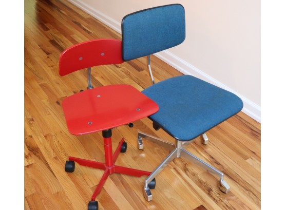 Vintage Labofa Mid Century Modern Blue Upholstered Adjustable Height Desk Chair & Red Painted Desk Chair