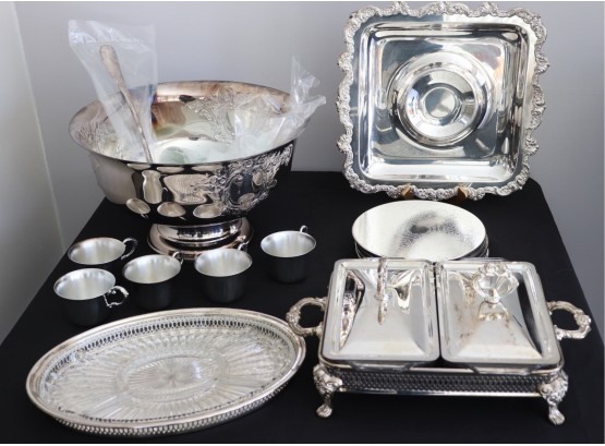 Perfect For Hosting!! Lot Of Silver Plated Serving Pieces  Punch Bowl With 11 Handled Cups, 6 Large Trivets &