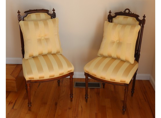 Pair Of Antique Louis XVI Style Side Chairs With Ornate Carvings & Upholstered In Gold Striated Stripe Fabr