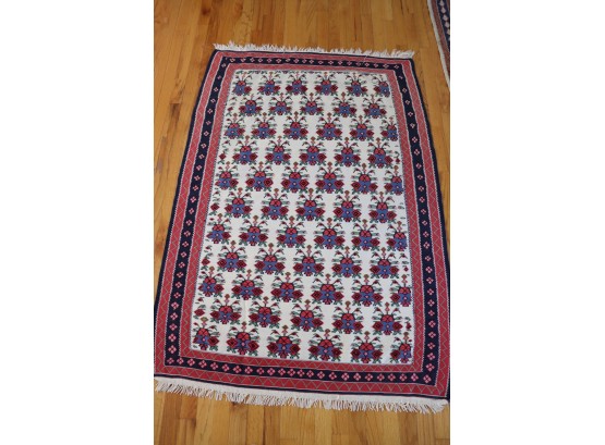 Vintage Kilim Folk Art Style Area Rug With 3 Layer Border & Overall Pattern