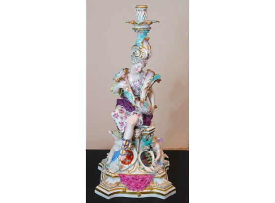 Antique 19th Century Meissen German Quality Porcelain Trumpet Flower Goddess Figural Candlestick
