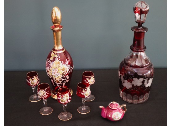 Vintage Hand Painted Italian Decanter & Cordial Set, Bohemian Crystal Decanter & Porcelain Teapot