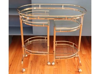 Vintage Multi-Tiered Expandable Brass Tea Cart With Glass Shelves And Fluted Legs On Caster