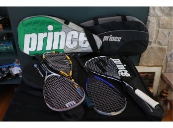Lot Of 4 Assorted Squash Racquets By Wilson, Prince & Head And 2 Prince Tennis Racquet Carrying Cases