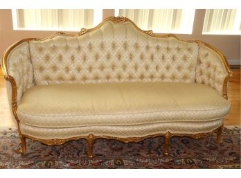 Vintage French Louis XV Style Upholstered 3 Seat Sofa With Button Tufted Back & Side Tight Cushions