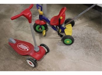 Radio Flyer Plastic Childs Scooter & Kettler Childs Tricycle With Push Pole & Handle