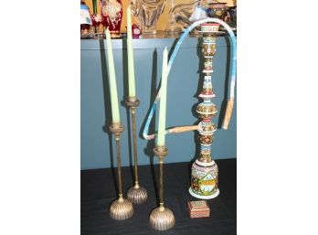 Vintage Hand Painted Persian Style Hookah With 3 Brass Finished Tiered Candlesticks & Inlay Trinket Box