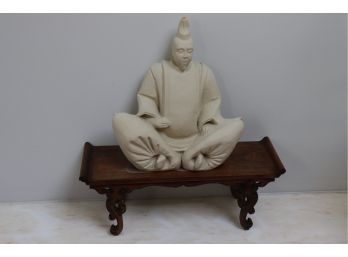 Vintage Asian Style Bisque Figurine By Austin Prod Inc, Marked 1981, Sitting On Carved Wooden Stand