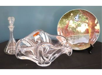 Vintage Royal Doulton Hand Painted Porcelain Plate, French Crystal Sculpture Bowl & Crystal Decanter