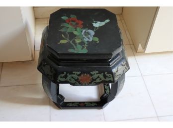 Vintage Hand Painted Asian Style Wooden Stool With Gold Greek Key Trim