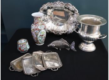 Vintage Lot Of Silver Plated Serving Pieces & Rose Medallion Vase And Sugar Bowl