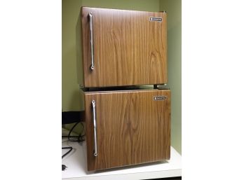 Pair Of Vintage Sanyo Mini Refrigerators With Wood Panel Face & Brown Sides & Top