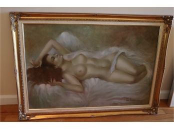 Vintage Painting On Canvas Of Female Nude In Ornate Gilded Frame