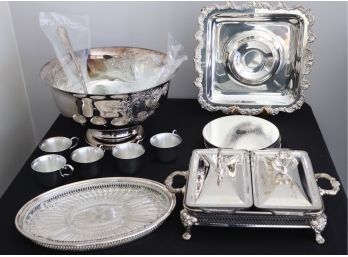 Perfect For Hosting!! Lot Of Silver Plated Serving Pieces  Punch Bowl With 11 Handled Cups, 6 Large Trivets &