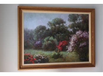 Vintage Oil On Canvas  Pastoral Landscape With Blooming Flowers In Ornate Gilded Frame