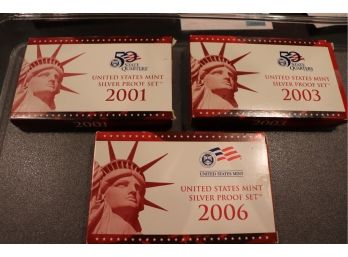 Three U.S. Mint Silver Proof Sets 2001S  2003S  2006S