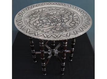 Vintage Middle Eastern Engraved Embellished Metal Tray Top Table With Folding Wooden Base