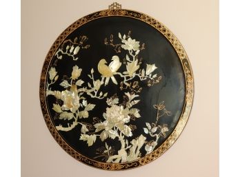 Vintage Asian Style Black Lacquer With Mother Of Pearl Appliqu Decorative Round Wall Plaque