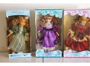 2 Vintage Victorian Bow Collection Genuine Porcelain Dolls & 1 Vintage Noble Heritage Collection
