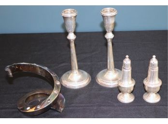 Lot Of Vintage Sterling Silver & Silver Plate Decorative Tabletop Accessories  Pair Of Weighted Candlesticks