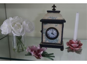 Vintage Painted Mantle Clock With 2 Floral Porcelain Pieces & Faux Rose Arrangement In Vase