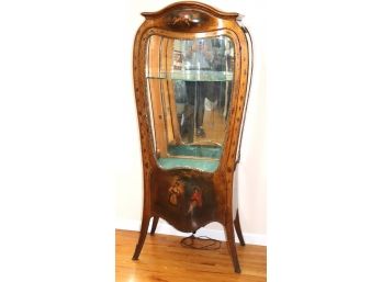 Antique French Hand Painted Vitrine/Display Cabinet With Curved Front Glass Door & Ornate Details