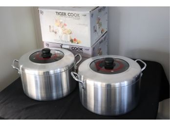 Pair Of Vintage 13 Quart Tiger Cook Ultra Heavy Gauge Aluminum Stockpot With Glass Lid & Original Boxes
