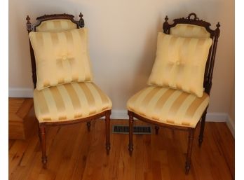 Pair Of Antique Louis XVI Style Side Chairs With Ornate Carvings & Upholstered In Gold Striated Stripe Fabr
