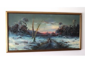 Vintage Painting On Canvas In Gilded Frame Of Sunset Landscape