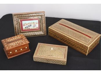 Vintage Persian Miniature Hunting Scene In Inlay Frame & Assorted Handmade Inlay Decorative Accessories