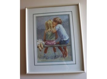 Vintage Signed Lucille Raad Print Of Youthful Children Telling Secrets In Laminated Modern Frame