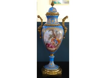 Antique Hand Painted French Sevres Figural Urn With Lid, Hand Painted Scenes & Bronze Trim