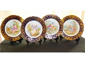 4 Antique French Hand Painted Sevres Porcelain Plates With Gold Trim On Cobalt Blue Rim & Signed
